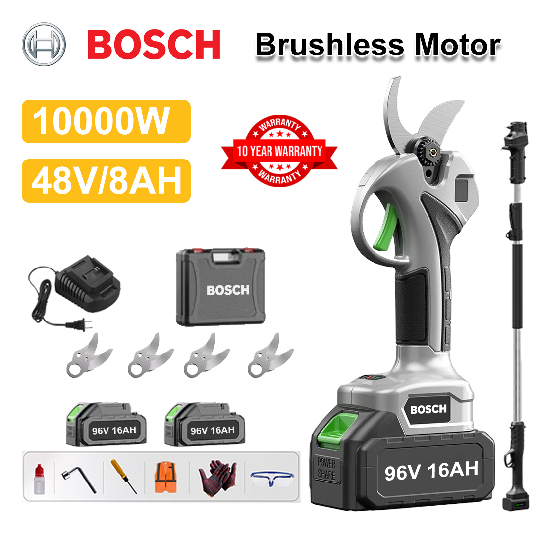 [Haste de extensão 1,5~5m] Tesoura de poda com bateria de lítio sem escova de 10000W + bateria de 48V8Ah * 2 + lâmina de liga sk9 * 4 + carregador + display de energia LED + caixa de ferramentas + óleo lubrificante + óculos de proteção + garantia de 10 anos