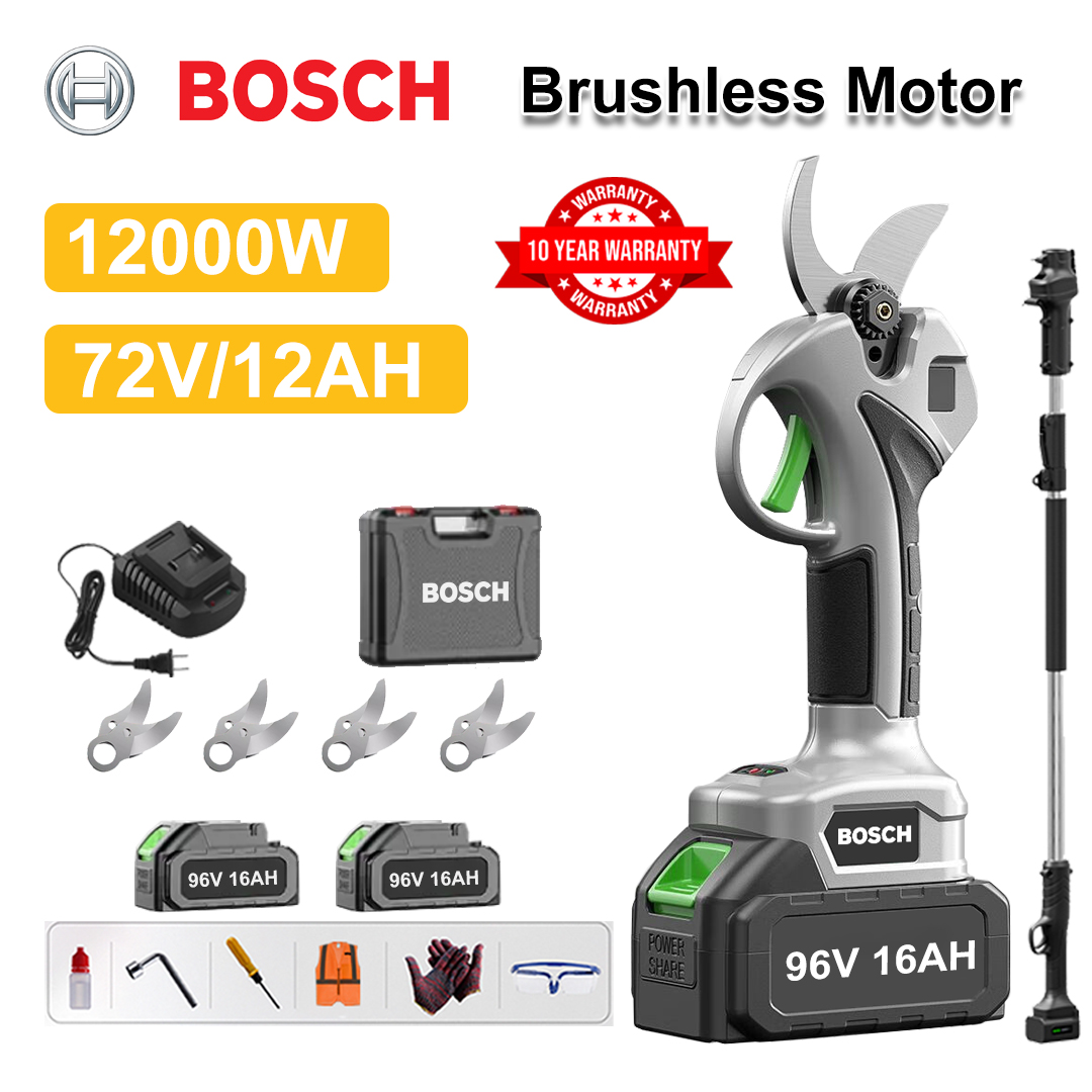 [Haste de extensão 1,5~5m] Tesoura de poda com bateria de lítio sem escova de 12000W + bateria de 78V12Ah * 2 + lâmina de liga sk9 * 4 + carregador + display de energia LED + caixa de ferramentas + óleo lubrificante + óculos de proteção + garantia de 10 anos
