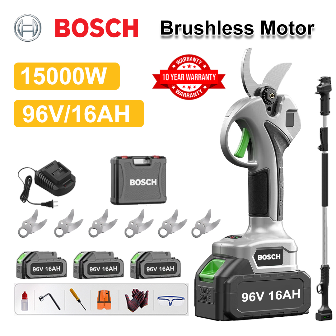 [Haste de extensão 1,5~5m] Tesoura de poda com bateria de lítio sem escova de 15000W + bateria de 96V16Ah * 3 + lâmina de liga sk9 * 6+ carregador + display de energia LED + caixa de ferramentas + óleo lubrificante + óculos de proteção + garantia de 10 anos